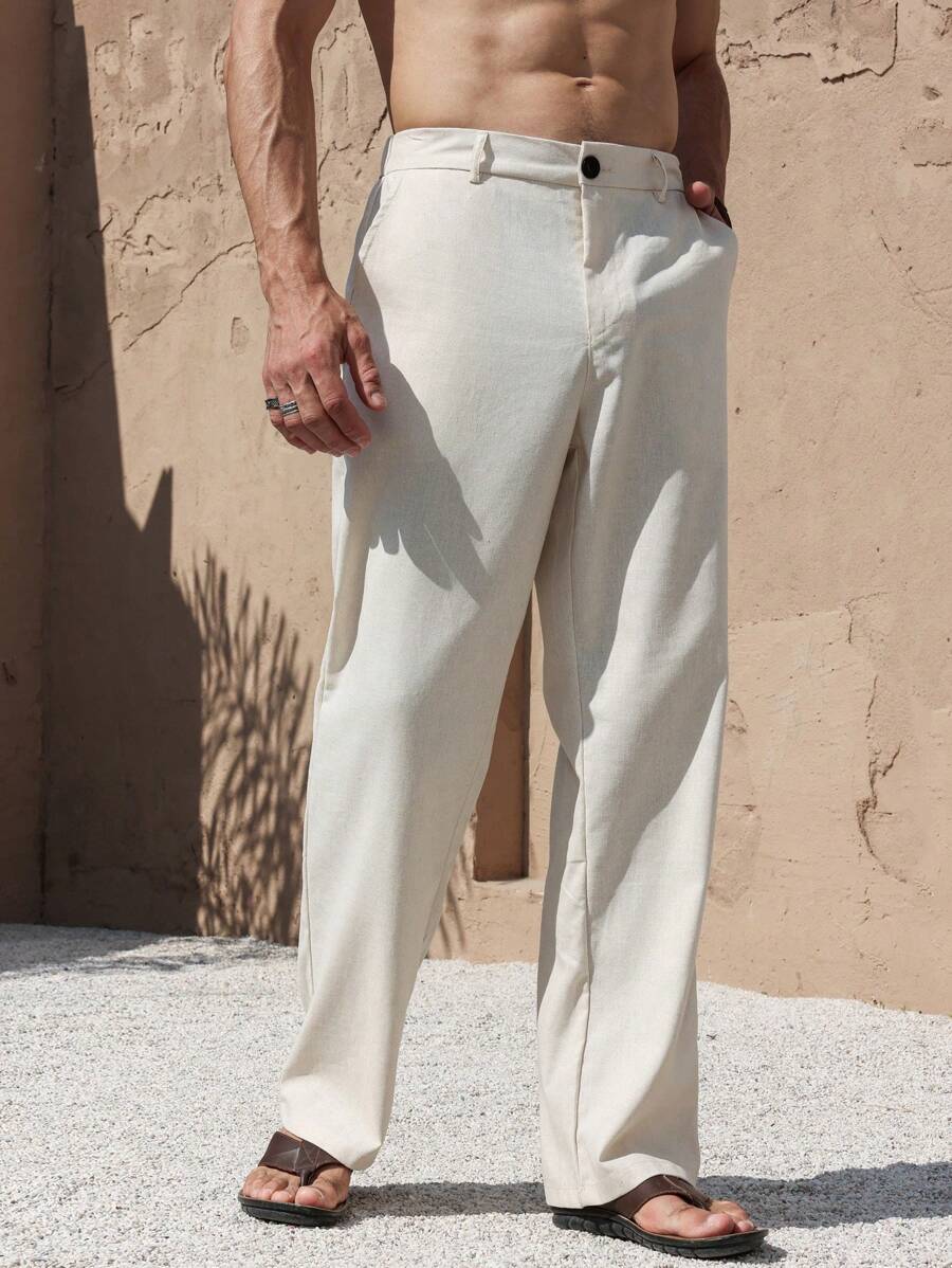 Manfinity RSRT Nomadic Casual Linen Straight-Leg Pants For Men, Fashion Versatile Trousers, White Men Pants, Men Clothing Men Pants, Men Wide Leg Pants, White Dress Pants For Men, Fall