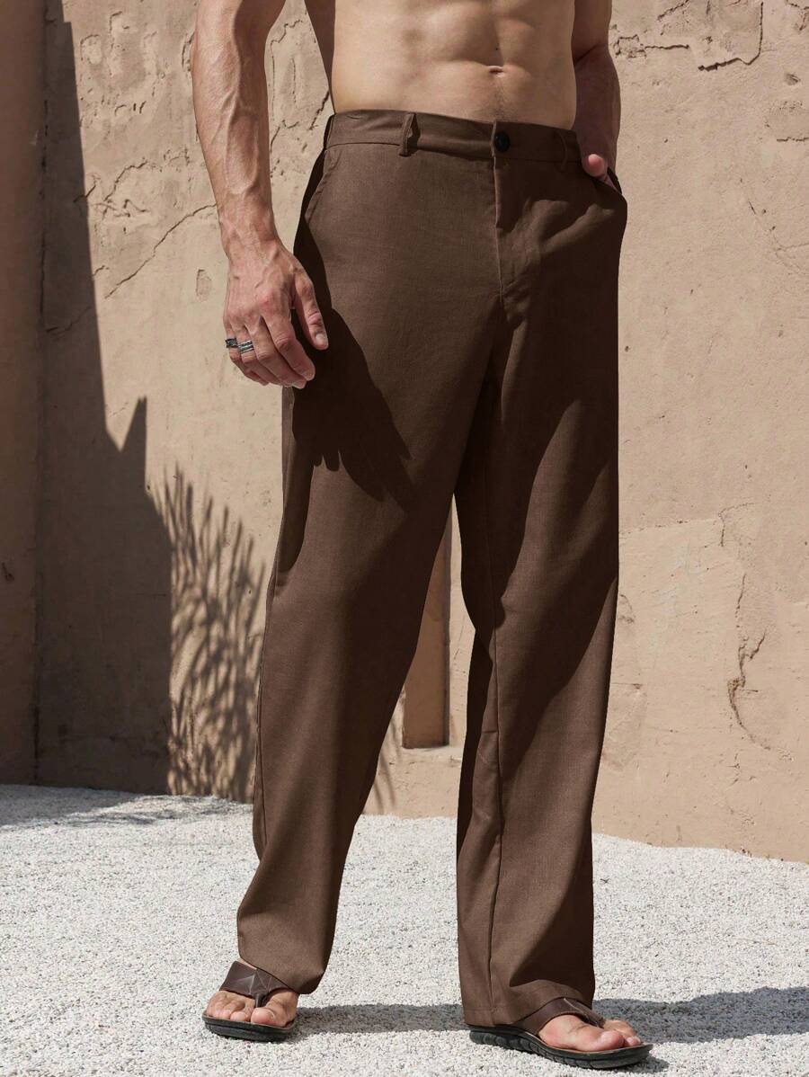 Manfinity RSRT Nomadic Casual Linen Straight-Leg Pants For Men, Fashion Versatile Trousers, White Men Pants, Men Clothing Men Pants, Men Wide Leg Pants, White Dress Pants For Men, Fall