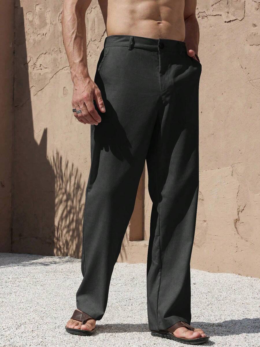 Manfinity RSRT Nomadic Casual Linen Straight-Leg Pants For Men, Fashion Versatile Trousers, White Men Pants, Men Clothing Men Pants, Men Wide Leg Pants, White Dress Pants For Men, Fall