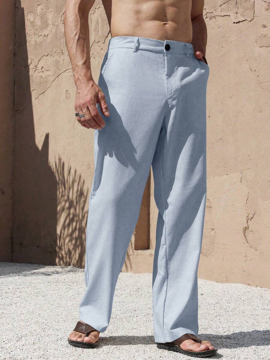Manfinity RSRT Nomadic Casual Linen Straight-Leg Pants For Men, Fashion Versatile Trousers, White Men Pants, Men Clothing Men Pants, Men Wide Leg Pants, White Dress Pants For Men, Fall