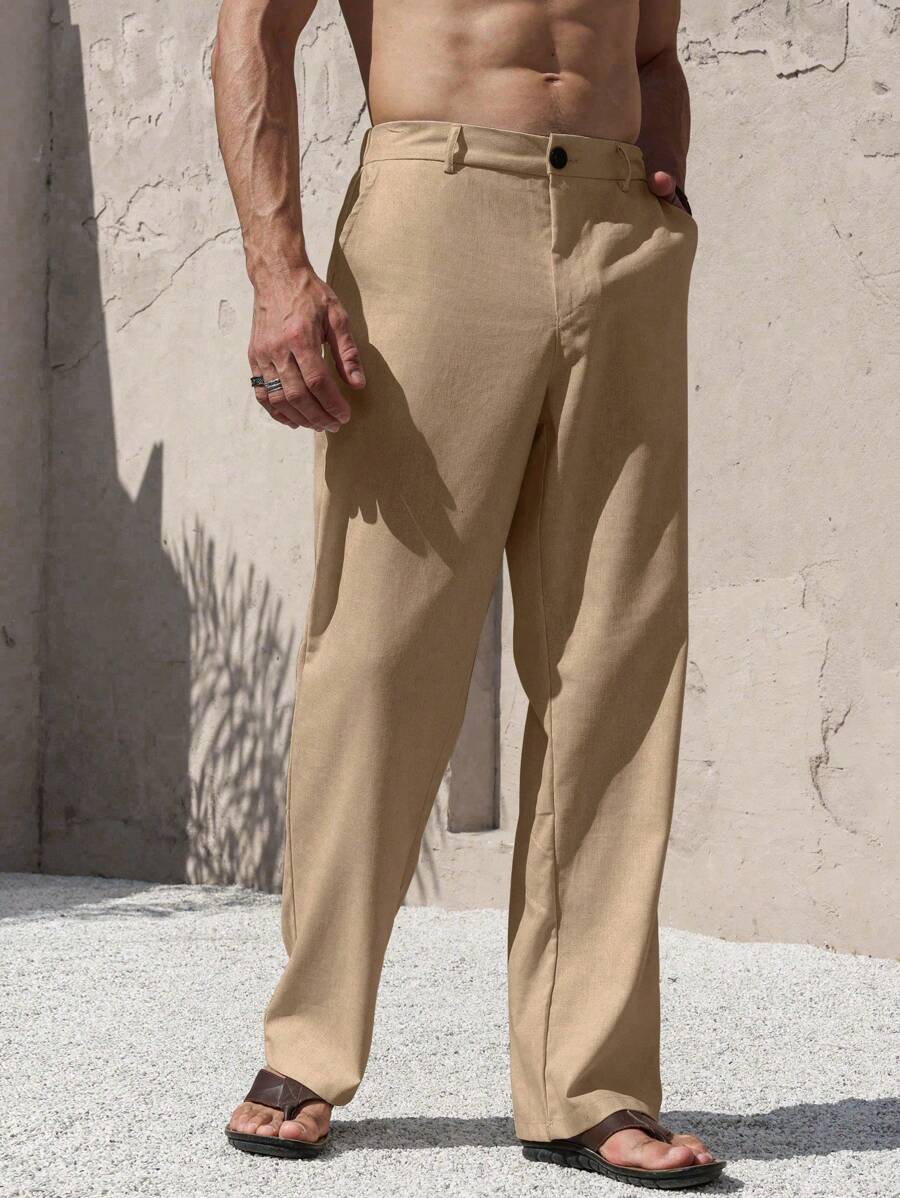 Manfinity RSRT Nomadic Casual Linen Straight-Leg Pants For Men, Fashion Versatile Trousers, White Men Pants, Men Clothing Men Pants, Men Wide Leg Pants, White Dress Pants For Men, Fall