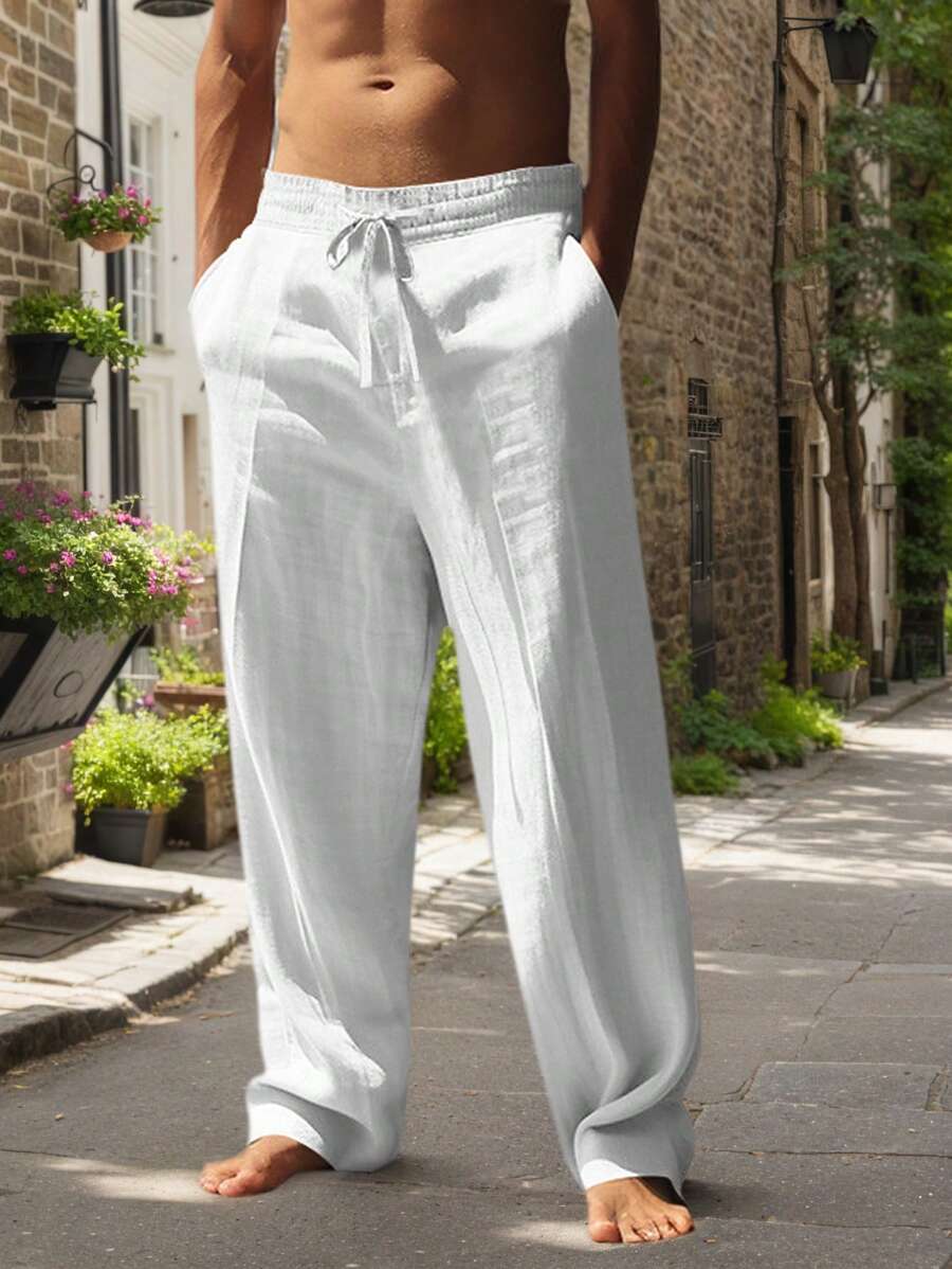 Men White Linen Woven Loose Casual Long Pants, Suitable For Spring/Autumn/Summer, Fall