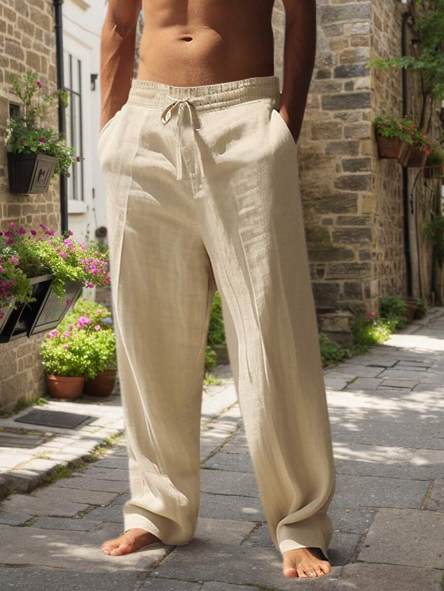 Men White Linen Woven Loose Casual Long Pants, Suitable For Spring/Autumn/Summer, Fall
