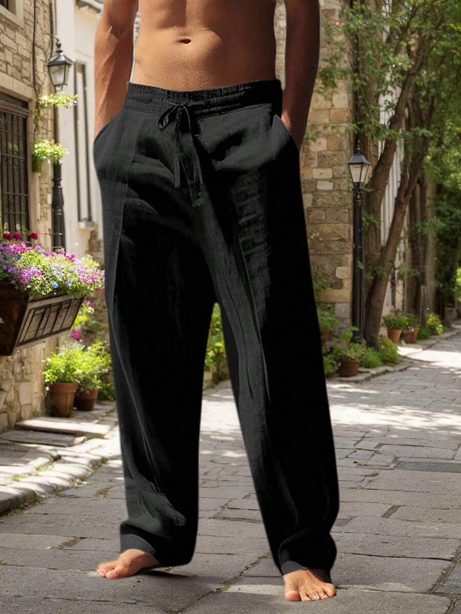 Men White Linen Woven Loose Casual Long Pants, Suitable For Spring/Autumn/Summer, Fall