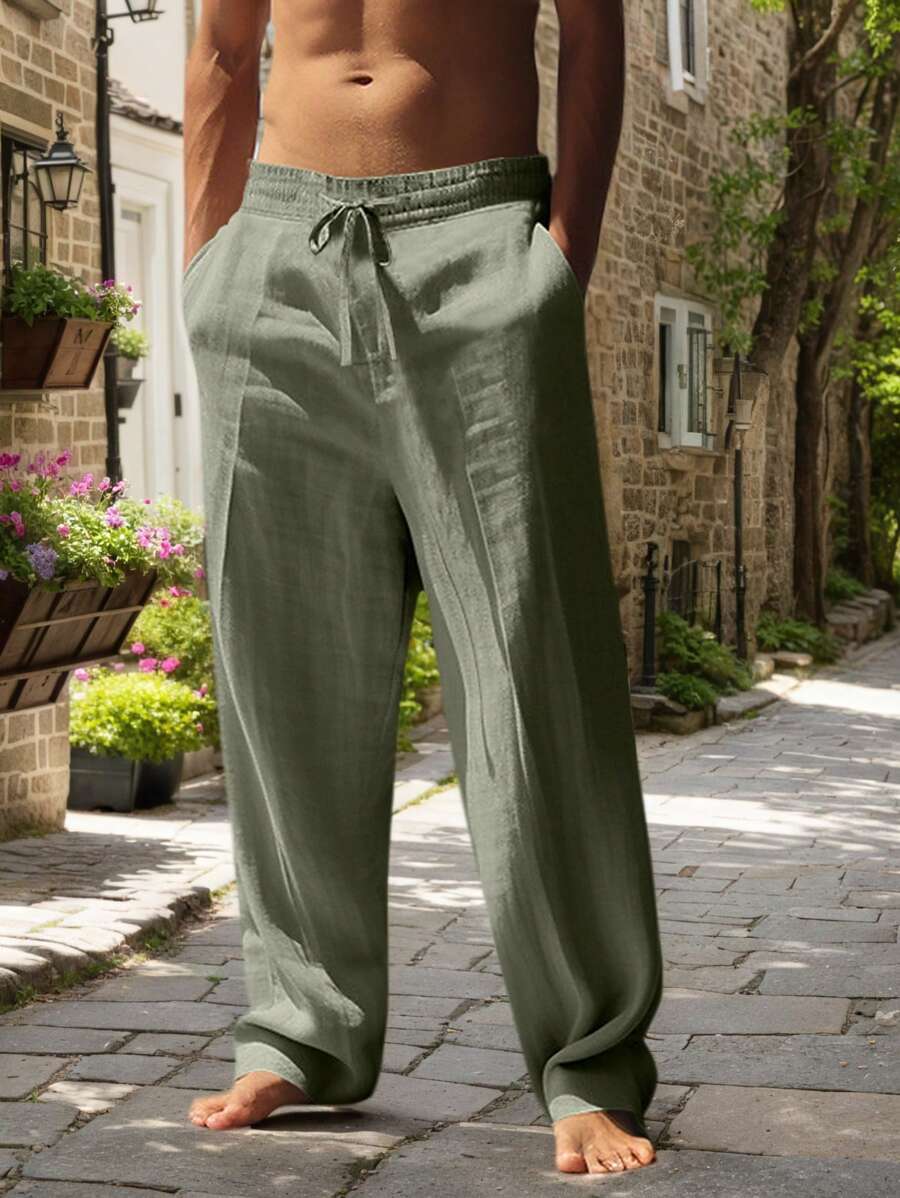 Men White Linen Woven Loose Casual Long Pants, Suitable For Spring/Autumn/Summer, Fall