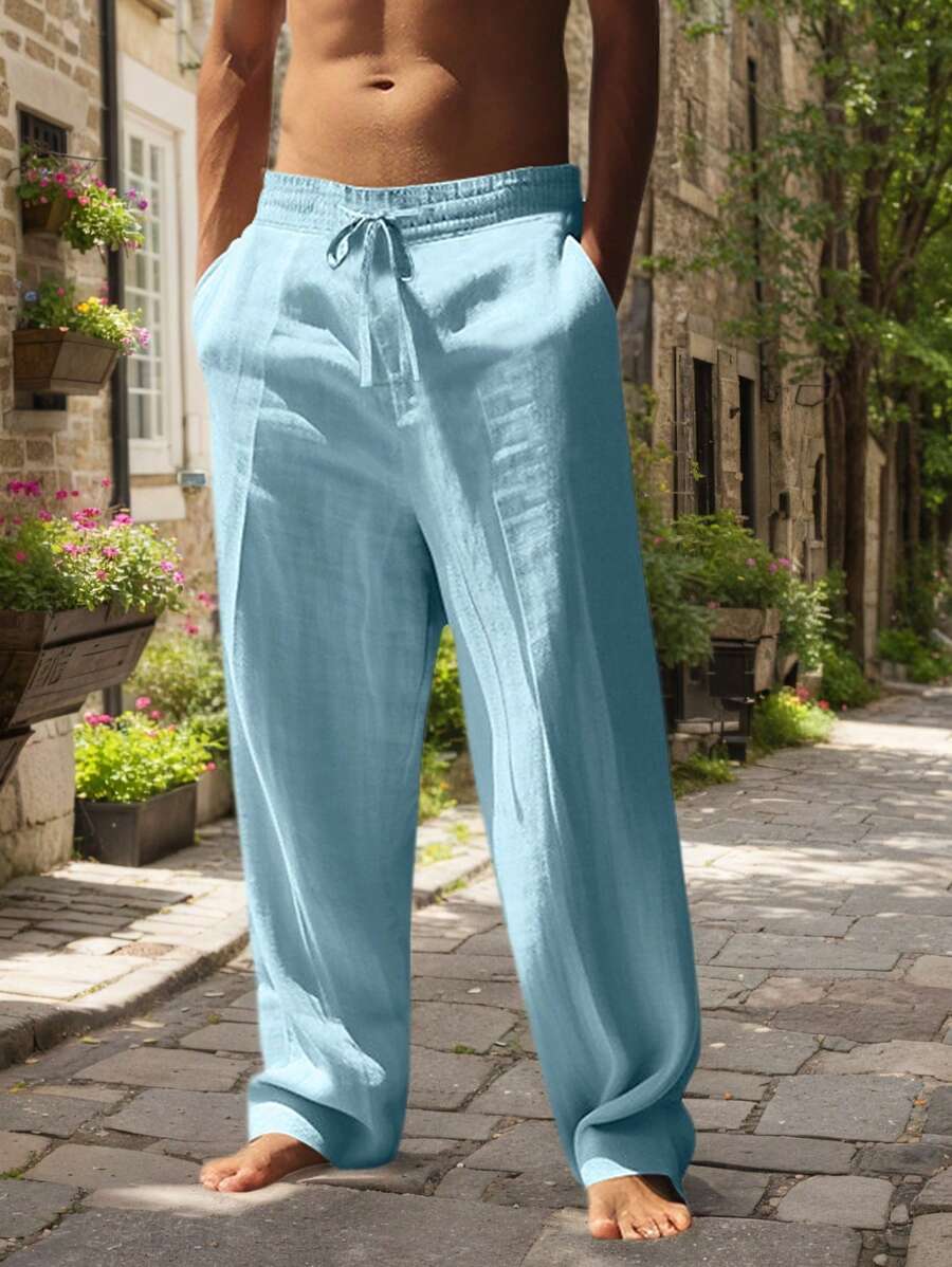 Men White Linen Woven Loose Casual Long Pants, Suitable For Spring/Autumn/Summer, Fall