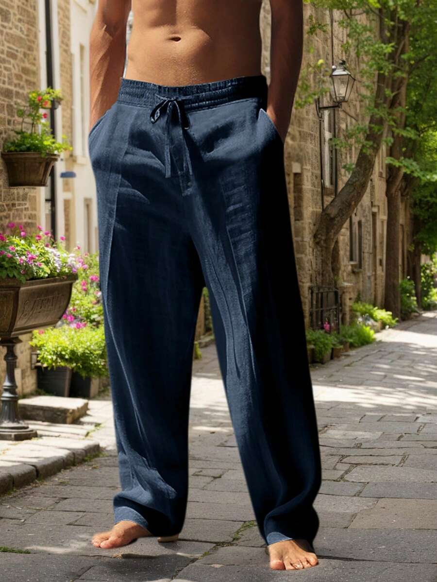 Men White Linen Woven Loose Casual Long Pants, Suitable For Spring/Autumn/Summer, Fall