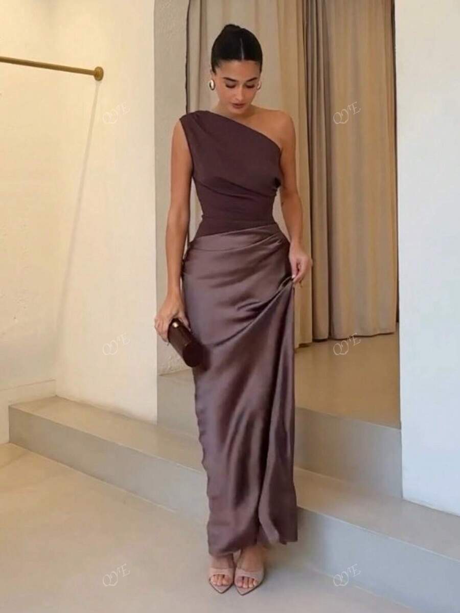 Lurenne | One-Shoulder Satin Maxi Dress – Sculpted Elegance and Modern Allure