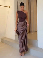 Lurenne | One-Shoulder Satin Maxi Dress – Sculpted Elegance and Modern Allure