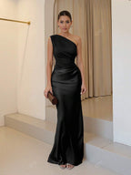 Lurenne | One-Shoulder Satin Maxi Dress – Sculpted Elegance and Modern Allure