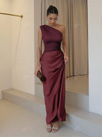 Lurenne | One-Shoulder Satin Maxi Dress – Sculpted Elegance and Modern Allure
