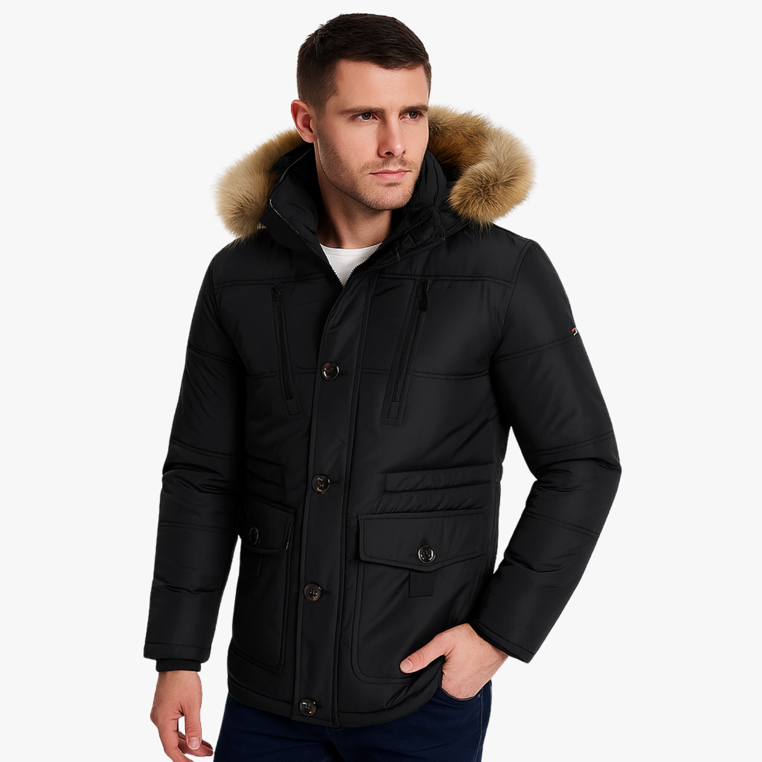 Men’s Hooded Leather Windproof Winter Coat