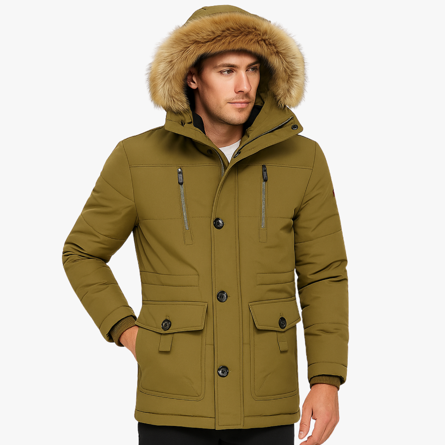 Men’s Hooded Leather Windproof Winter Coat