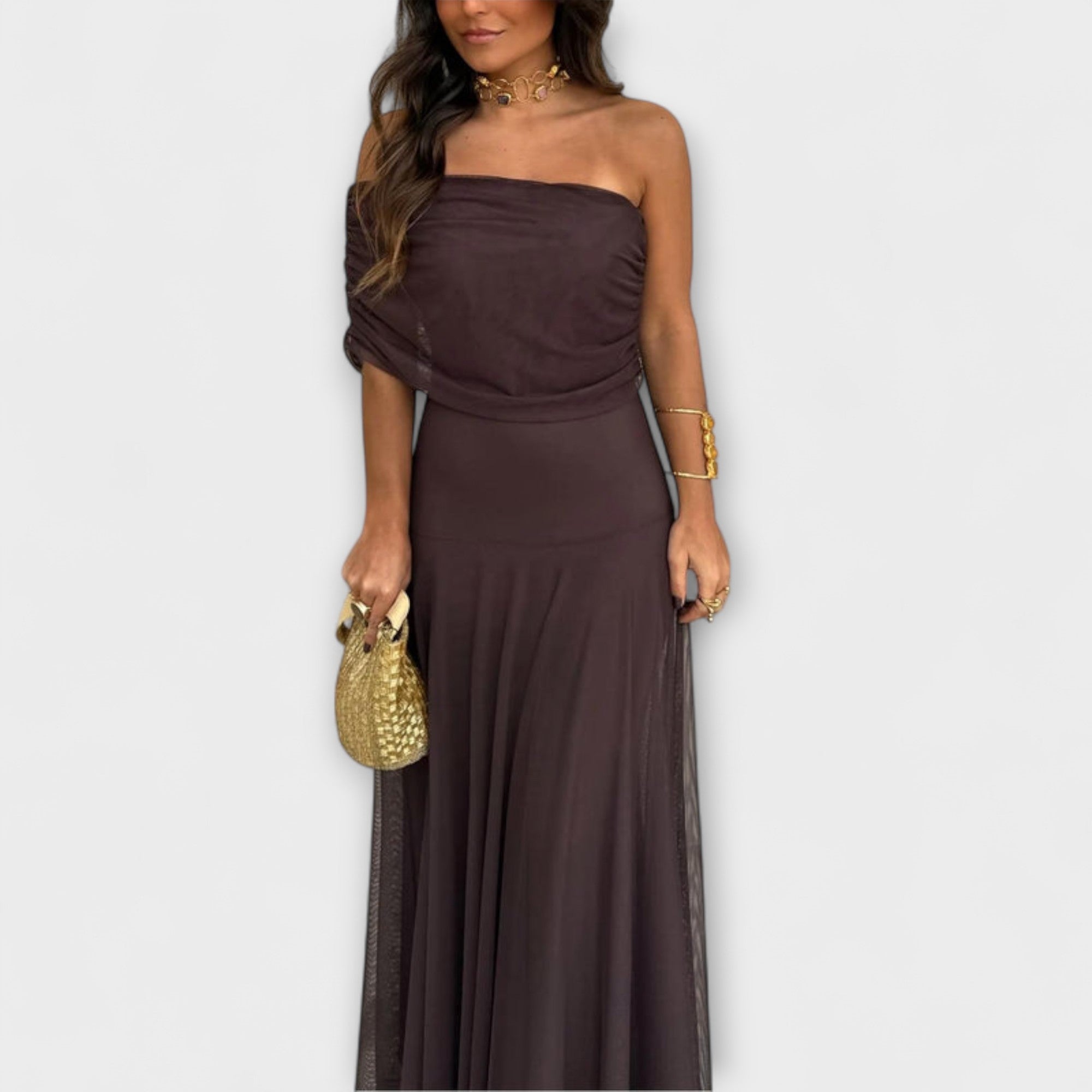 Lurenne | Toledo One-Shoulder Mesh Maxi Dress – Radiant Elegance and Graceful Movement