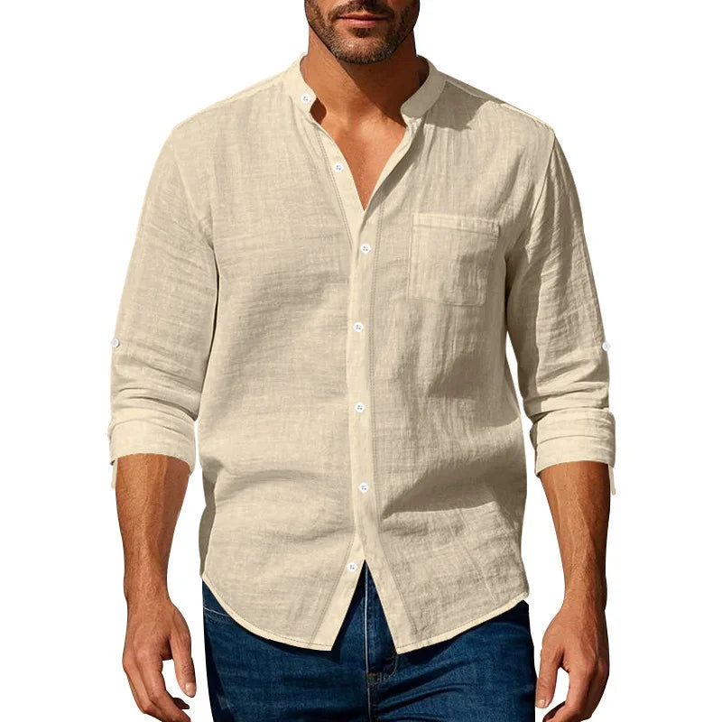 Lurenne | Men’s Linen Stand Collar Shirt – Effortless Style and Lasting Freshness