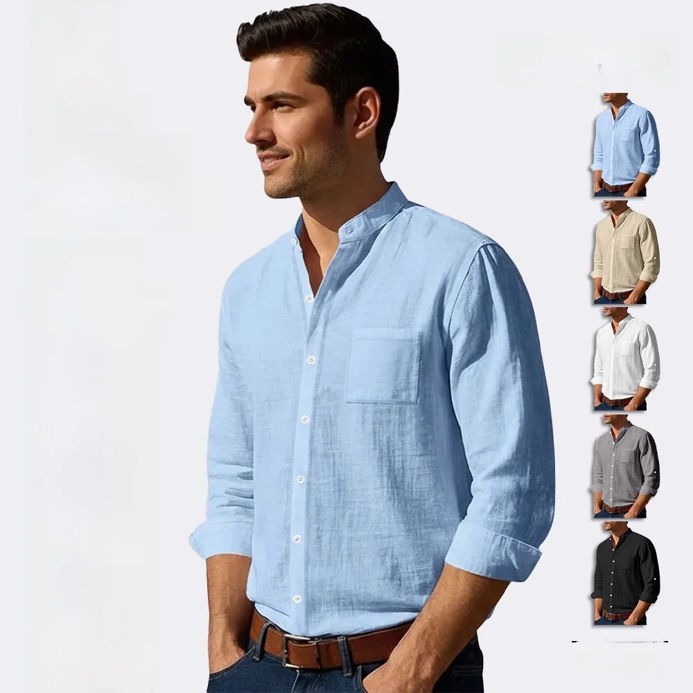 Lurenne | Men’s Linen Stand Collar Shirt – Effortless Style and Lasting Freshness