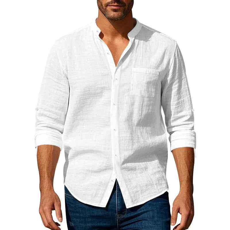 Lurenne | Men’s Linen Stand Collar Shirt – Effortless Style and Lasting Freshness