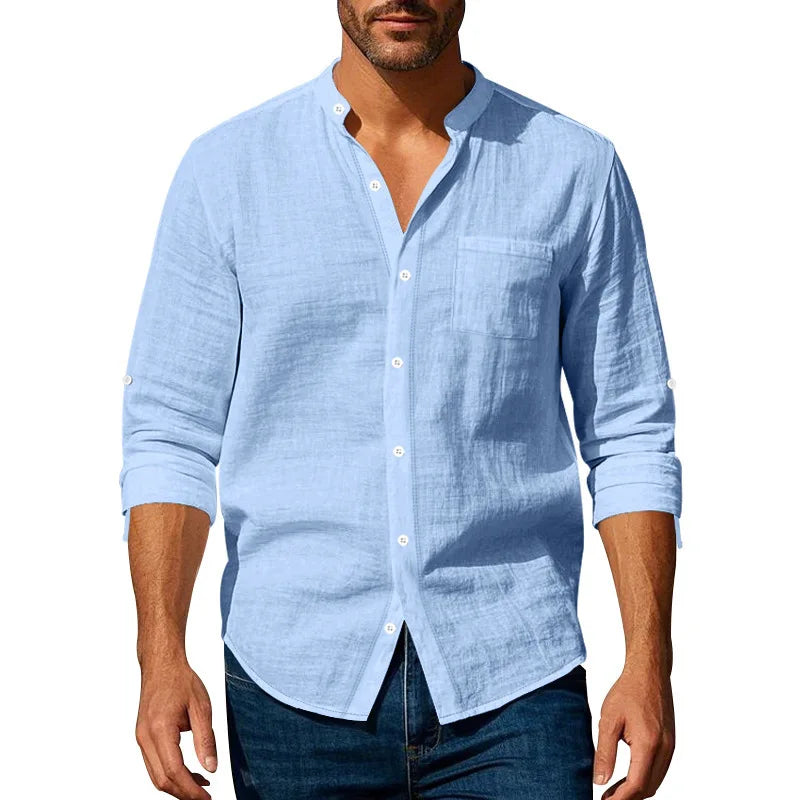 Lurenne | Men’s Linen Stand Collar Shirt – Effortless Style and Lasting Freshness