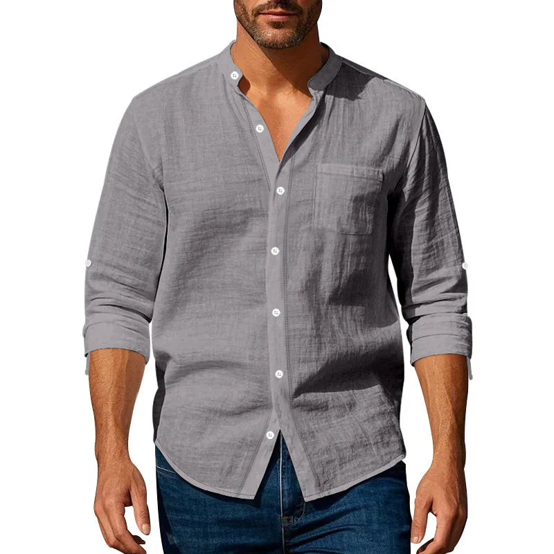Lurenne | Men’s Linen Stand Collar Shirt – Effortless Style and Lasting Freshness